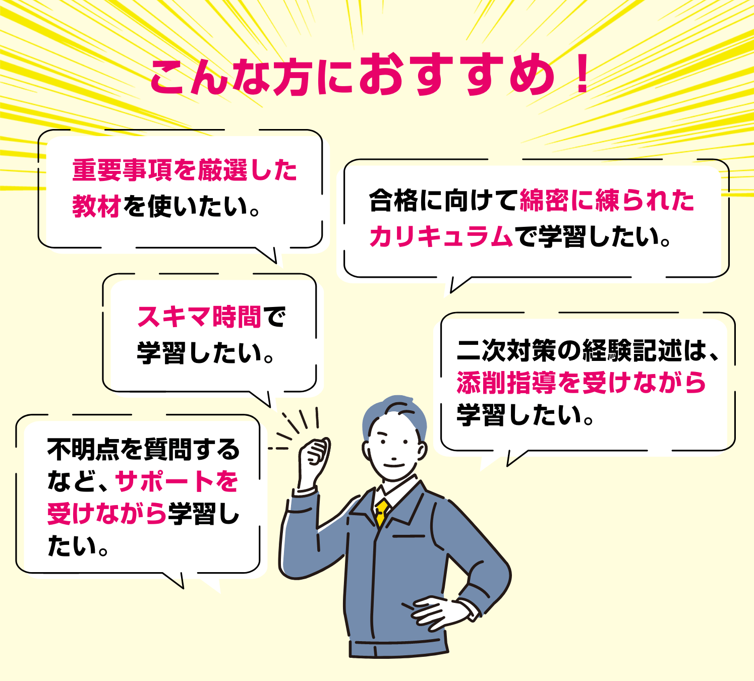 こんな方におすすめ！しっかりとした教材、カリキュラムの講座を受講したい。仕事に必要なので、どうしても合格したい。仕事が忙しいので、自分の都合にあわせて受講したい。数日間の短期講習会では不安がある。二次の記述対策では専門講師によるアドバイスがほしい。どのくらい学習すればよいのかわからず、独学で合格する自信がない。ちょっとしたことでもわからないことは質問したい。