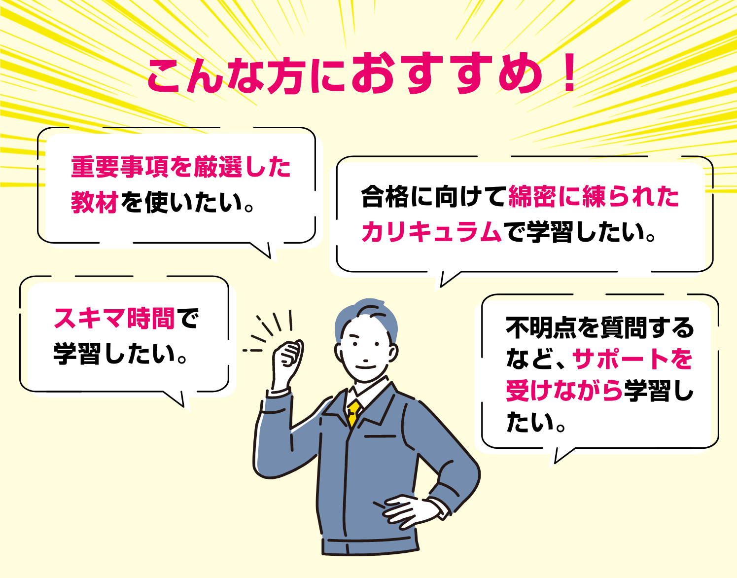 こんな方におすすめ！しっかりとした教材、カリキュラムの講座を受講したい。仕事に必要なので、どうしても合格したい。仕事が忙しいので、自分の都合にあわせて受講したい。数日間の短期講習会では不安がある。二次の記述対策では専門講師によるアドバイスがほしい。どのくらい学習すればよいのかわからず、独学で合格する自信がない。ちょっとしたことでもわからないことは質問したい。